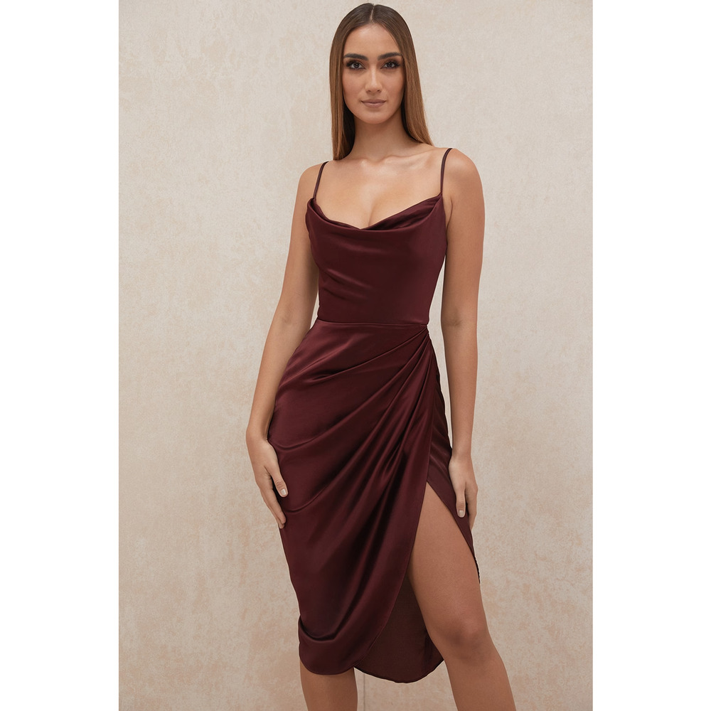 House of CB Burgundy Satin Cowl Midi Dress